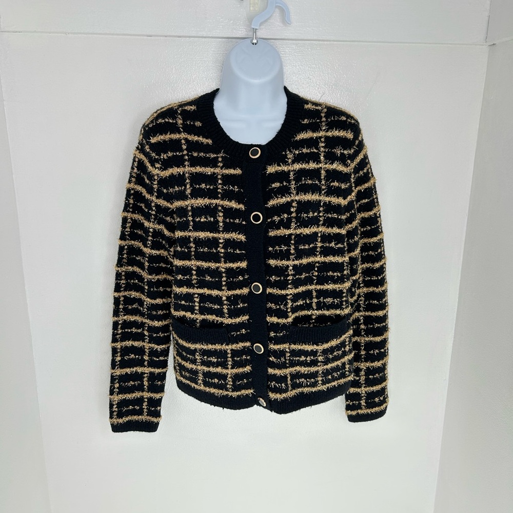 Talbots Bouclé Plaid Cardigan Sweater Petite‎ Small Black Gold Metallic Preppy - Picture 2 of 11